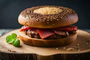 un' Hamburger con carne e sesamo semi. ai-generato foto