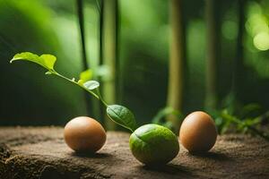 tre uova e un' verde pianta su un' di legno tavolo. ai-generato foto