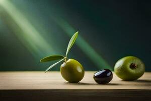 olive su un' di legno tavolo con verde le foglie. ai-generato foto