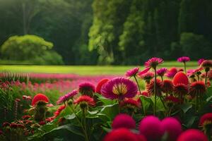 fiori nel un' campo con verde alberi e luminosa sole. ai-generato foto