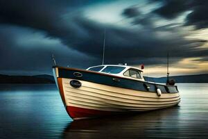 un' barca su il acqua sotto un' tempestoso cielo. ai-generato foto