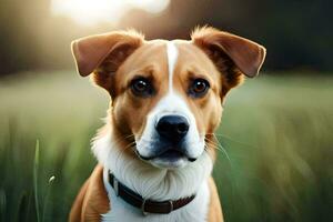 un' cane è in piedi nel un' campo con il sole nel il sfondo. ai-generato foto