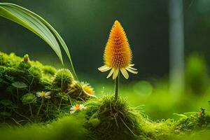 un' singolo giallo fiore è in crescita su di un' muschioso verde pianta. ai-generato foto