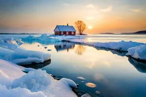 un' rosso Casa si siede su il riva di un ghiacciato lago. ai-generato foto