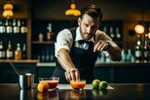 un' barista preparazione un arancia cocktail. ai-generato foto