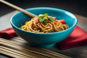 un' ciotola di pasta con pomodoro salsa e tritato verdure. ai-generato foto