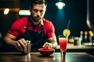 un' barista preparazione un' cocktail. ai-generato foto