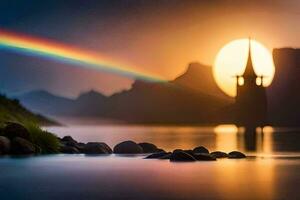 un' arcobaleno al di sopra di un' castello nel il mezzo di un' lago. ai-generato foto