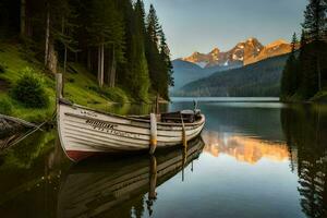 un' barca si siede su il riva di un' lago nel il montagne. ai-generato foto