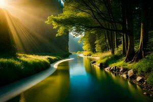 il sole brilla al di sopra di un' fiume nel un' foresta. ai-generato foto