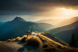 un' cervo sta su il montagna superiore a tramonto. ai-generato foto