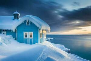 un' blu Casa si siede su il riva di il oceano. ai-generato foto