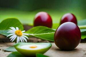 Due uova e un' fiore su un' tavolo. ai-generato foto