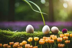 tre uova siamo seduta su un' muschioso terra con tulipani. ai-generato foto