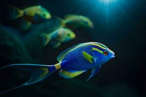 un' blu e giallo pesce nuoto nel il scuro. ai-generato foto