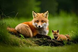 un' Volpe e sua cuccioli nel il erba. ai-generato foto