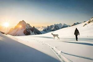 un' persona a piedi con un' cane su un' nevoso montagna. ai-generato foto