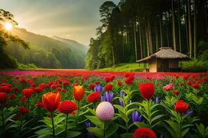 un' campo di rosso e viola fiori a tramonto. ai-generato foto