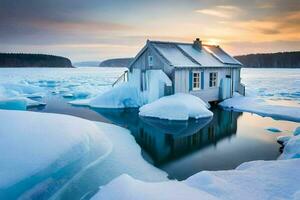 un' piccolo Casa si siede su superiore di un ghiaccio lastrone. ai-generato foto