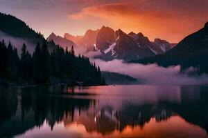 un' bellissimo tramonto al di sopra di un' lago con montagne nel il sfondo. ai-generato foto