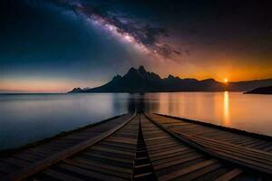 un' di legno bacino nel il mezzo di un' lago a notte. ai-generato foto