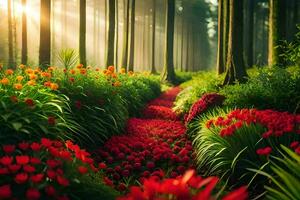 un' sentiero attraverso un' foresta con rosso fiori. ai-generato foto