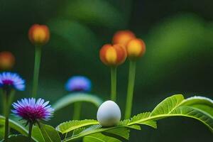 un' bianca uovo si siede su un' verde pianta con colorato fiori. ai-generato foto