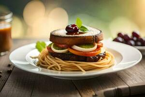 un' piatto con un' Sandwich e spaghetti su esso. ai-generato foto