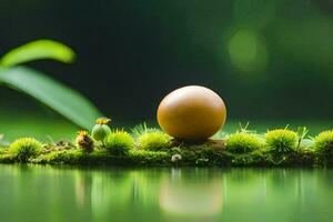 un uovo seduta su un' muschio coperto superficie nel il mezzo di un' stagno. ai-generato foto