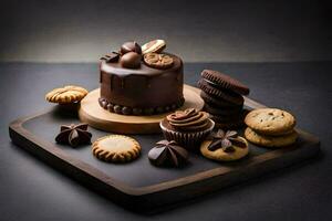 un' cioccolato torta e biscotti su un' di legno vassoio. ai-generato foto