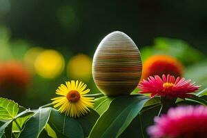 un Pasqua uovo seduta su superiore di un' verde pianta. ai-generato foto