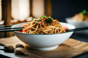 Cinese tagliatelle nel un' ciotola con bacchette. ai-generato foto