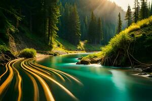 un' fiume fluente attraverso un' foresta a tramonto. ai-generato foto