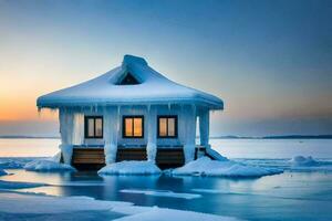 un' piccolo Casa seduta su superiore di un ghiaccio coperto lago. ai-generato foto