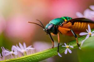 un' colorato insetto è seduta su un' fiore. ai-generato foto