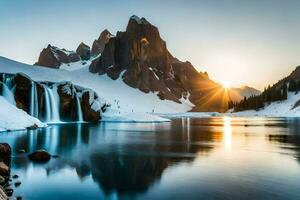 il sole sorge al di sopra di un' montagna lago e cascata. ai-generato foto