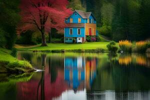 un' colorato Casa si siede su il bordo di un' lago. ai-generato foto