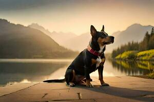 un' cane seduta su un' bacino prospiciente un' lago. ai-generato foto