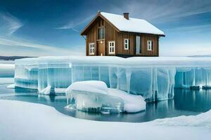 un' Casa si siede su un iceberg nel il mezzo di il acqua. ai-generato foto