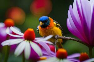 un' colorato uccello si siede su un' ramo con viola fiori. ai-generato foto