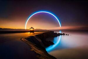 un' colorato cerchio è visto nel il cielo a notte. ai-generato foto