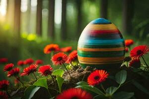 Pasqua uovo nel il foresta con rosso fiori. ai-generato foto