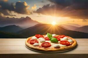 Pizza su il tavolo con montagne nel il sfondo. ai-generato foto