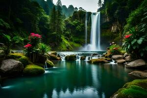 bellissimo cascata nel il foresta con fiori e rocce. ai-generato foto