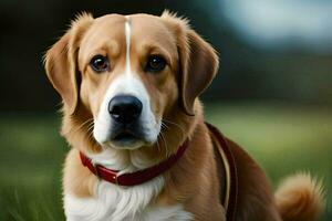 un' cane è seduta nel il erba con un' rosso collare. ai-generato foto