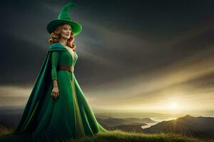 un' donna nel un' verde vestito e cappello sta su un' collina. ai-generato foto