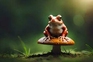un' rana seduta su superiore di un' fungo. ai-generato foto