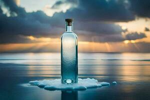 un' bottiglia di acqua si siede su il spiaggia a tramonto. ai-generato foto