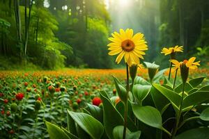 luce del sole splendente attraverso il alberi e fiori nel un' verde foresta. ai-generato foto