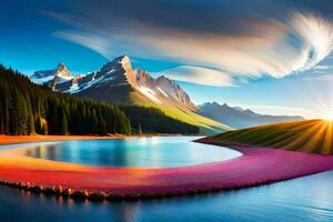 un' bellissimo lago con colorato fiori e montagne. ai-generato foto